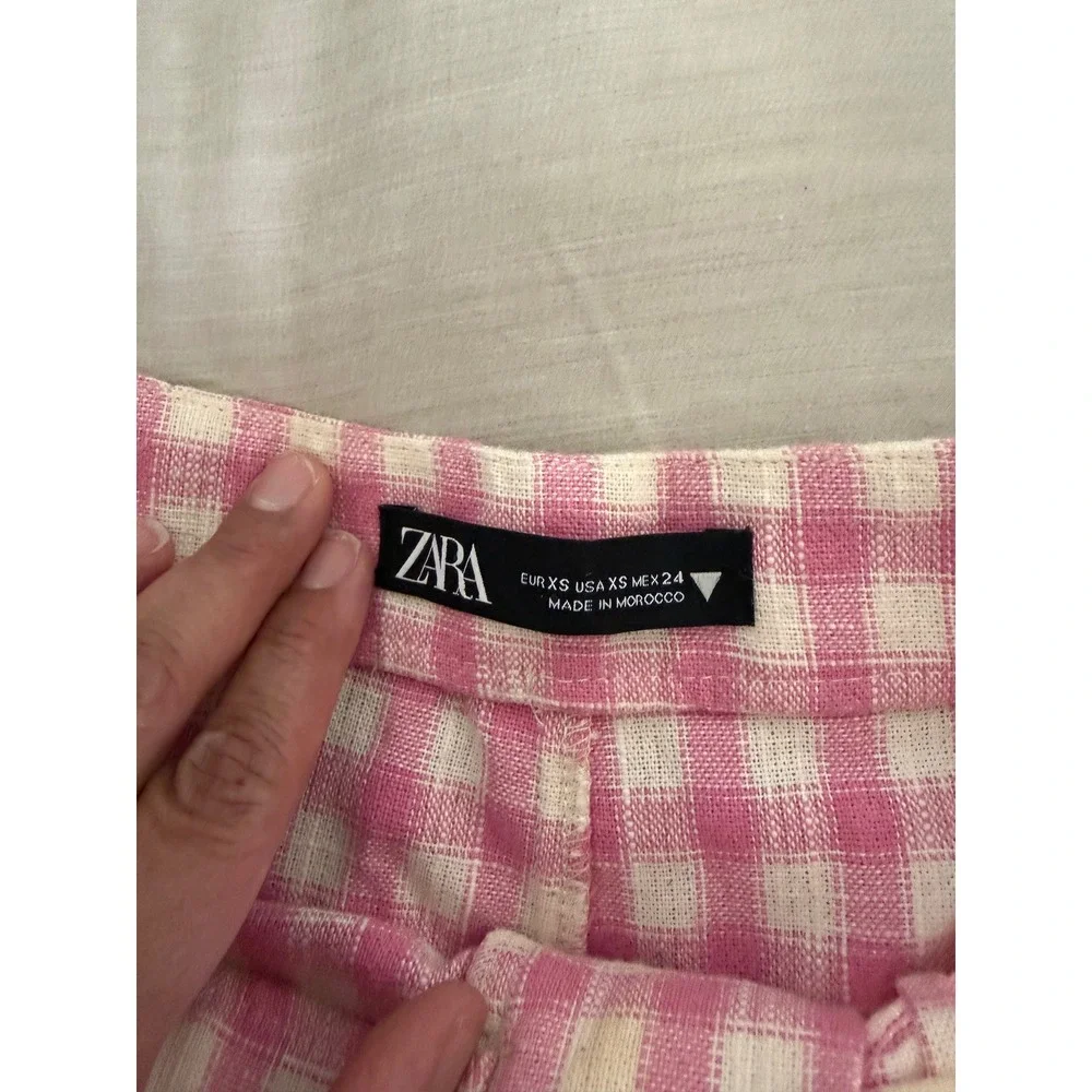Zara Pink Gingham Wide Leg Pants XS High Rise Linen Blend Coastal Cottagecore